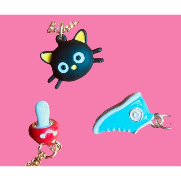 Whimsy Necklace:  Gold Plated Mini Mushroom, Blue Sneaker, Black Kitty.  Unique! - Picture 2 of 16